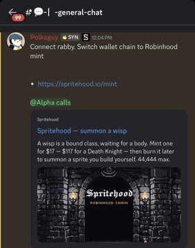 A Discord chat screenshot in the #l-general-chat channel where user Polkaguy links to https://spritehood.io/mint, and a message from @Alpha describes Spritehood as summoning a wisp, a bound class waiting for a body, costing $17 or $117 for a Death Knight, with a 44,444 max supply.