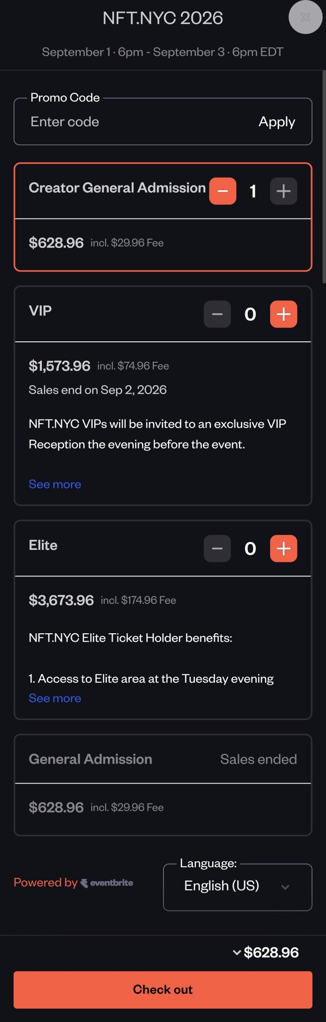 A ticket purchasing page for NFT.NYC 2026 (September 1-3) showing ticket options: Creator General Admission ($628.96), VIP ($1,573.96), Elite ($3,673.96), and General Admission (Sales ended), with a checkout button at the bottom.