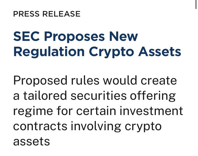 The image shows an SEC press release titled "SEC Proposes New Regulation Crypto Assets," stating that proposed rules would create a tailored securities offering regime for certain investment contracts involving crypto assets. This aligns with the post's message about the SEC embracing blockchain technology for securities transactions, signaling that tokenized finance is moving toward formal regulatory recognition on Wall Street.