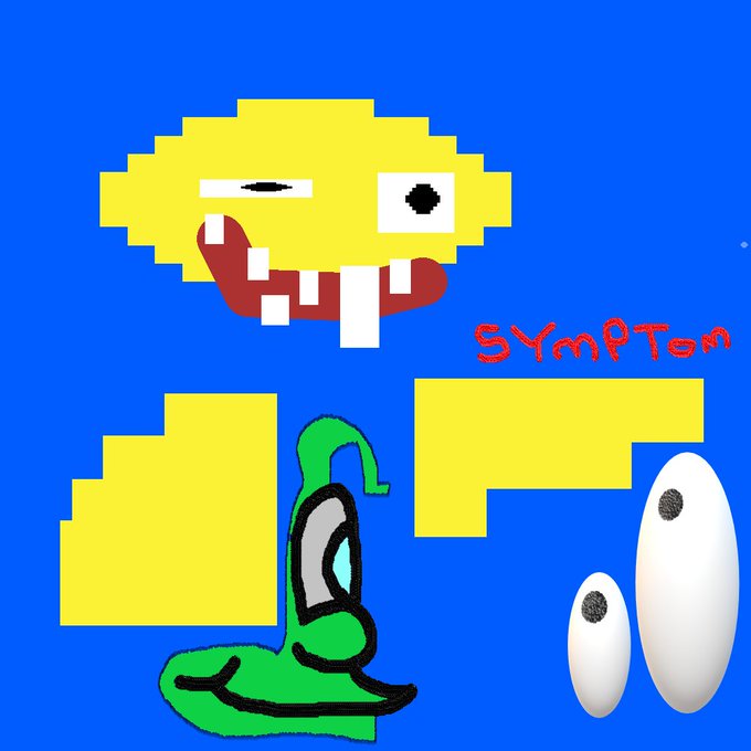 A pixel-art style drawing on a blue background depicting a yellow smiling face, yellow blocky shapes, a green tentacle-like creature, and white oval shapes, with the word 'SYMPTON' written in red.