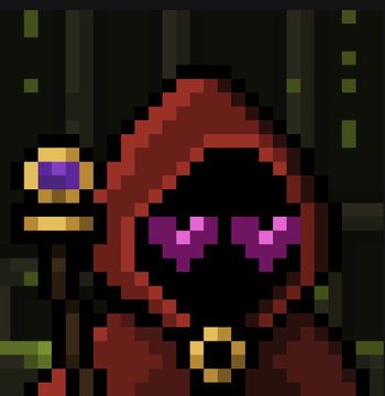 A pixel art style image depicts a hooded figure in a red robe with purple eyes, holding a staff with a purple gem, against a dark green background.