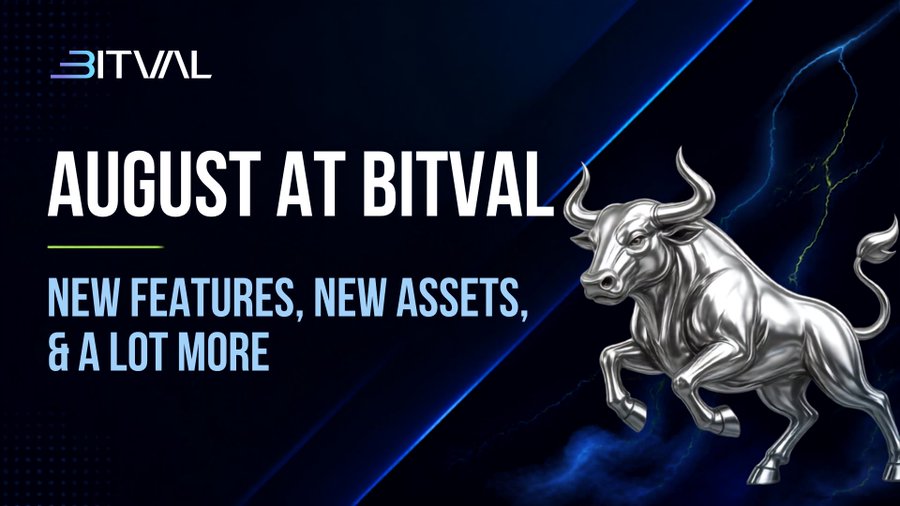 A promotional graphic titled 'AUGUST AT BITVAL' with the tagline 'NEW FEATURES, NEW ASSETS, & A LOT MORE' accompanied by a silver bull illustration against a dark blue background with lightning effects.