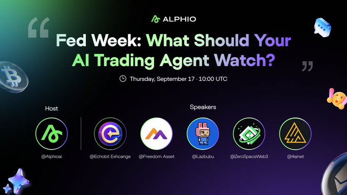 A sleek dark-themed promotional graphic for an ALPHIO AMA titled "Fed Week: What Should Your AI Trading Agent Watch?" scheduled for Thursday, September 17 at 10:00 UTC, featuring the host @Alphioai alongside speakers @Echobit.Exchange, @Freedom.Asset, @Lazububu, @ZeroSpaceWeb3, and @4arnet, with decorative Bitcoin, NFT, and character icons surrounding the circular avatars to visually reinforce the crypto and AI trading theme discussed in the post.