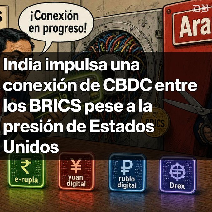 A Spanish-language illustration about BRICS digital currencies with the headline 'India impulsa una conexión de CBDC entre los BRICS pese a la presión de Estados Unidos', showing digital coins for 'e-rupia', 'yuan digital', 'rublo digital', and 'Drex' connected by wires, with a speech bubble saying '¡Conexión en progreso!'.