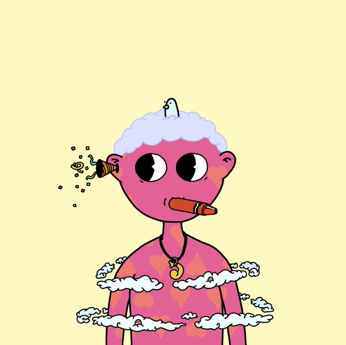 The image features a cartoon character with pink skin, wearing a necklace, and holding a crayon. The character appears to be in a state of confusion or distress due to an object being blown into their ear. The background consists of clouds floating around the character's head, creating a whimsical atmosphere. The post reads "A little under 3 hours remaining! #Algorand #GetGully", which suggests that there is still some time left for viewers to engage with and enjoy this cartoon character.