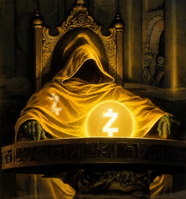 Fantasy artwork of a hooded golden figure on an ornate throne, with Zcash (ZEC) cryptocurrency logos overlaid on the image.