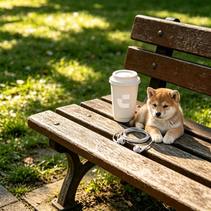 A small Shiba Inu puppy lying on a weathered wooden park bench next to a white coffee cup and tangled white earbuds, with green grass in the background.