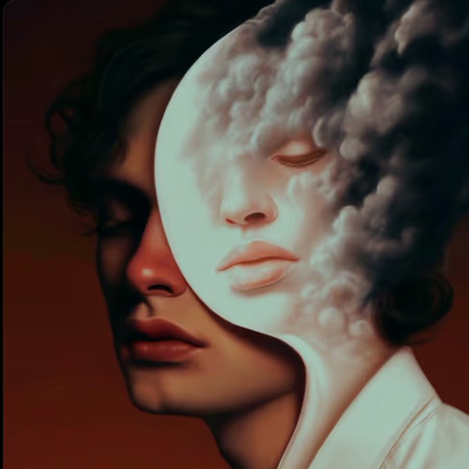 A surreal artistic portrait showing two overlapping faces—one realistic and one appearing as a cloud or smoke-like visage—merged together against a dark red background.