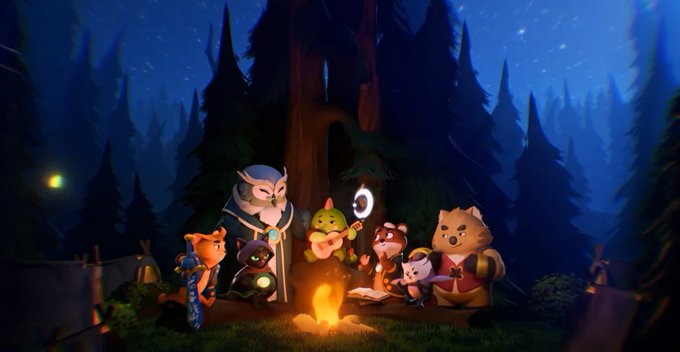 A 3D animated scene of anthropomorphic animal characters gathered around a campfire in a dark forest at night, with one owl-like character holding a staff and another playing a banjo.