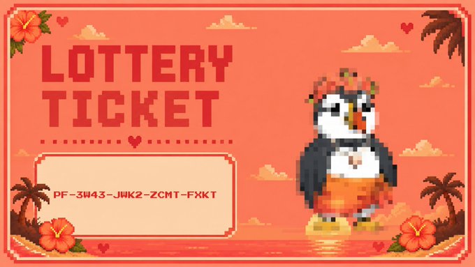 A pixel-art 'LOTTERY TICKET' with a tropical orange background, featuring a penguin wearing a hula skirt and the code 'PF-3W43-JWK2-ZCMT-FXKT'.