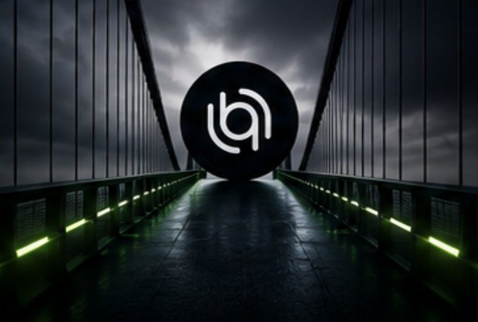 A glowing "b" logo stands at the end of a dark, neon-lit suspension bridge beneath stormy skies, symbolizing the connectivity and seamless cross-chain transfers offered by Allbridge, the platform highlighted in the post. The bridge imagery visually reinforces the message of bridging different blockchain ecosystems with speed and clarity.