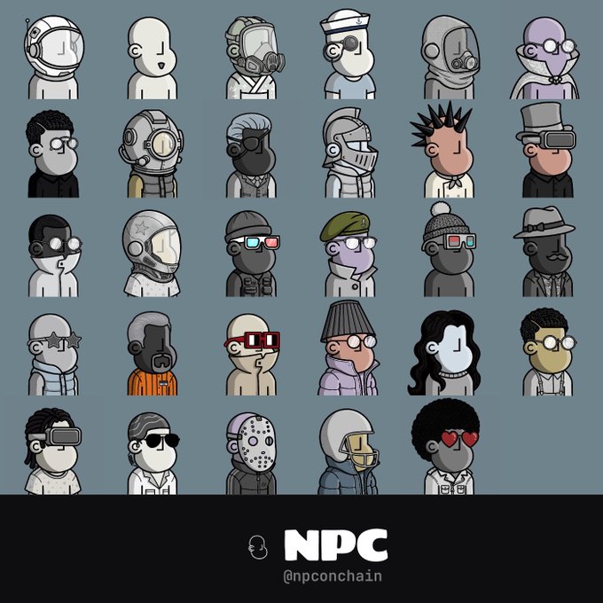 A 5x6 grid of 30 cartoon NPC characters wearing various masks, helmets, goggles, and hats, with the text "NPC @npconchain" displayed at the bottom. The post celebrates the launch of "Season 2" for the @npconchain project, humorously matching the static, passive nature of the depicted "non-player characters" who are ready to "do nothing."