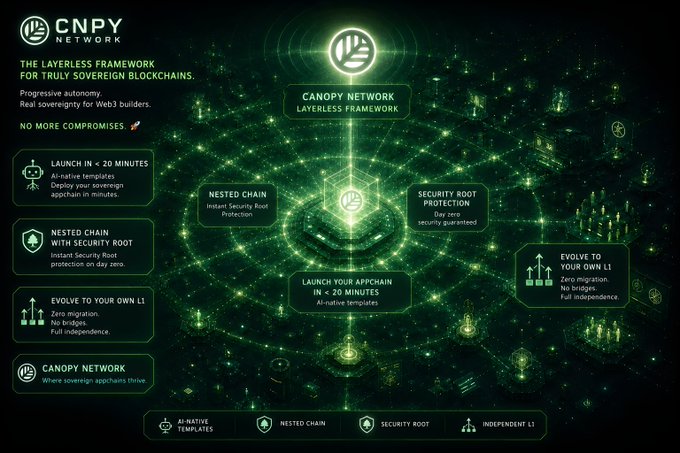 The image features a detailed infographic about launching an appchain, specifically focusing on the CNPY Network's framework for truly sovereign blockchains. The infographic provides step-by-step instructions on how to launch an appchain using AI native templates, emphasizing the importance of security and root protection from day one.