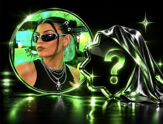 A green-themed digital graphic showing a circular portrait of a woman with dark sunglasses and silver jewelry on the left, and a draped figure on the right with a glowing green question mark.