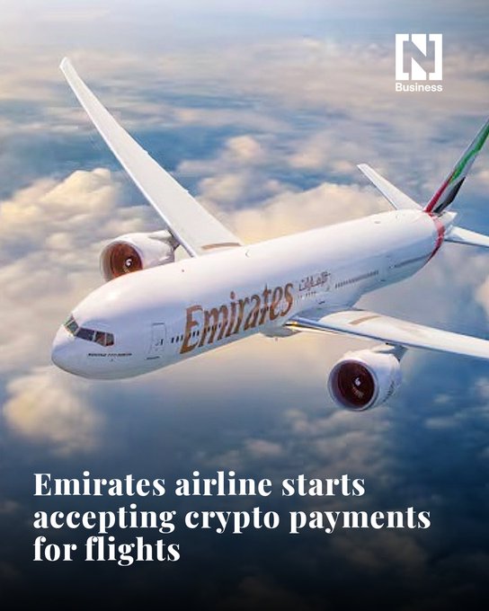 The image shows an Emirates airplane soaring above clouds with the headline "Emirates airline starts accepting crypto payments for flights," illustrating the airline's new adoption of cryptocurrency for ticket bookings via Crypto.com Pay.