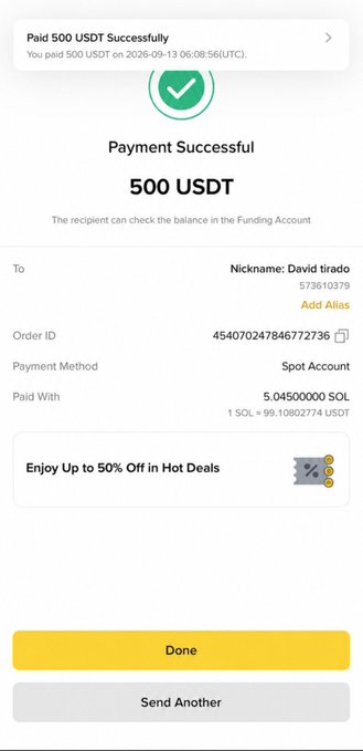 A mobile app screenshot showing a successful payment confirmation of "500 USDT" to "David tirado," with order ID "454070247846772736," paid with "5.04500000 SOL."