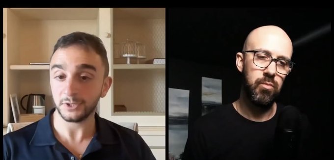 A split-screen video call or podcast featuring two men; the man on the right has a beard and glasses.
