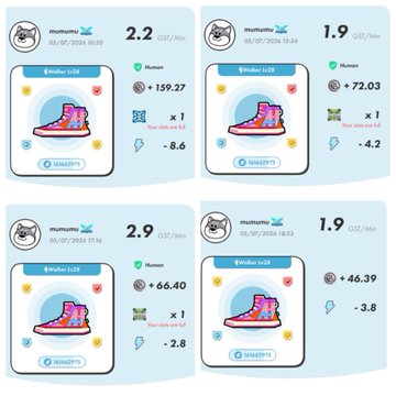 Grid of four sneaker NFT collectible cards labeled 'mutantfly' showing the same boot design with stats like 2.2, 1.9, and 2.9 CZ/Min and various attribute scores including a blue gem.