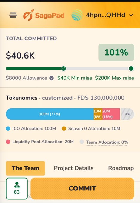 A SagaPad mobile app screen shows a token launch for '4hpn...QHHd' with $40.6K committed (101% funded), displaying tokenomics with 100M ICO allocation, 20M Season 0, 20M Liquidity Pool, and a 'COMMIT' button.