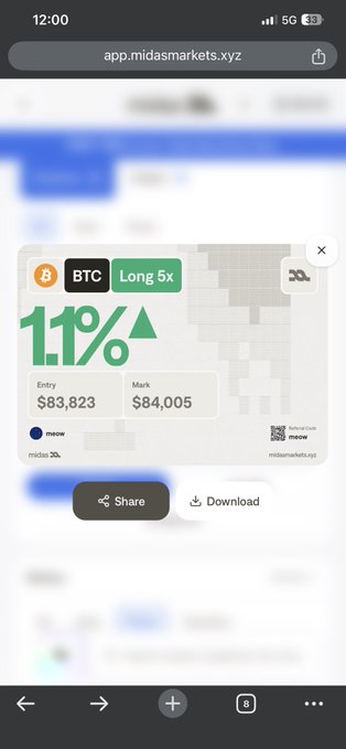 A mobile browser displays a screenshot from app.midasmarkets.xyz showing a BTC Long 5x trading position with a 1.1% gain, entry at $83,823 and mark at $84,005.