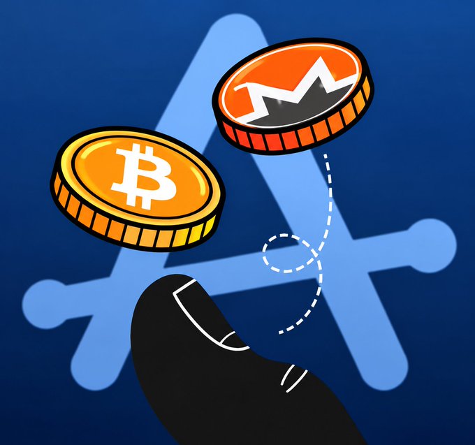 An illustration shows a Bitcoin coin and a Monero coin floating above a blue logo, with a black shoe pointing toward them and a dashed line indicating movement.