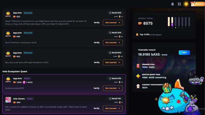 A dark-themed digital dashboard showing an 'Axie Ecosystem Quest' with various tasks from 'App.Axie' and a 'Weekly Total' score of 8575, featuring a claimable reward of 19.5185 bAXS.