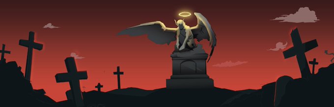 A pixel-art angel with a glowing halo crouches wearily atop a tombstone in a graveyard beneath a blood-red sky. The somber, fallen-archangel imagery evokes themes of redemption and exclusivity, fitting the post's announcement of securing 10 guaranteed spots for the limited 666-supply @UnGodly_Art NFT dropping on Robinhood Chain, as promoted through HUB.