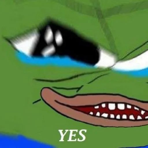 A close-up crop of the classic crying/laughing Pepe the Frog meme face with the word 'YES' written below.