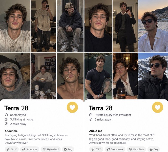 Two Bumble dating profiles both labeled "Terra 28" showcasing the same attractive male face in various photos, contrasting sharply with their bios—one describing him as unemployed, living at home, and 2 miles away, while the other presents him as a Private Equity Vice President and Penn State alumnus who travels often. The juxtaposition humorously illustrates how identical physical appearances paired with vastly different credentials can produce wildly different perceived outcomes in dating app contexts.