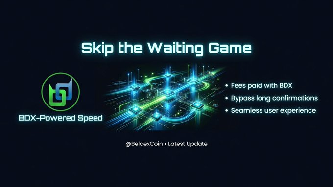 A promotional graphic for BeldexCoin titled 'Skip the Waiting Game' highlighting 'BDX-Powered Speed' and features like 'Fees paid with BDX' and 'Bypass long confirmations'.