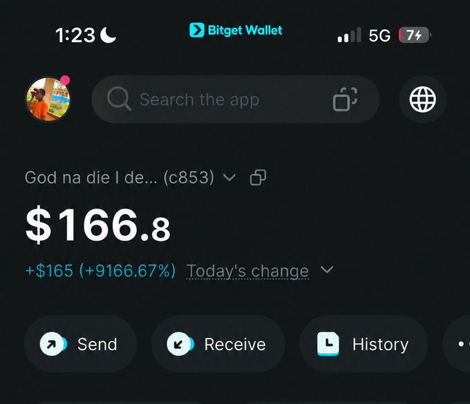 A screenshot of the Bitget Wallet app showing a balance of $166.8 for 'God na die I de...' (c853), with a today's change of +$165 (+9166.67%).