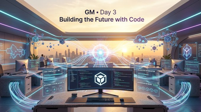 A futuristic digital workspace with multiple monitors displaying code and blockchain diagrams, titled 'GM • Day 3 - Building the Future with Code'.