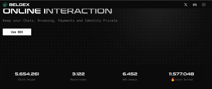A webpage for BELDEX 'ONLINE INTERACTION' promoting privacy for chats, browsing, payments, and identity, displaying stats: 5,654,261 Block Height, 3,122 Masternodes, 6,452 BNS Domain, and 11,577,048 Coins Burned.