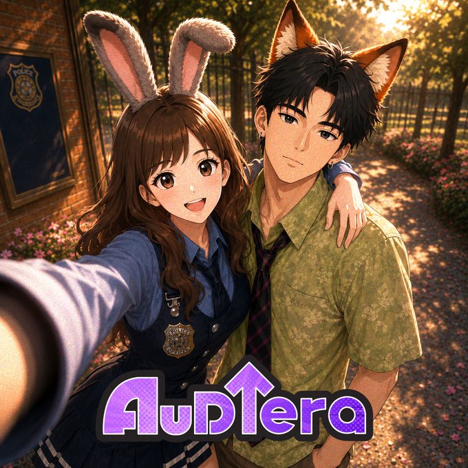 An anime-style selfie of two characters with animal ears (a bunny-eared girl in a police uniform and a fox-eared boy), featuring the text 'Auptera' overlaid at the bottom.
