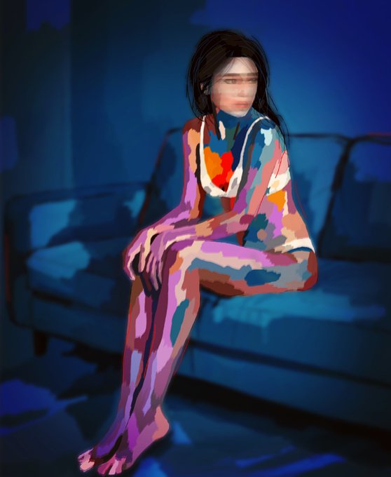 A painterly digital illustration of a seated figure with dark hair, rendered in bold blocks of pink, orange, and blue, posed against a dark blue couch in a shadowy room.
