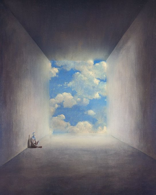 A surreal painting depicts a small figure sitting in a corner of an empty room that opens to a vast, bright blue sky filled with clouds.