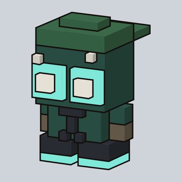 A 3D voxel-style character with a dark green helmet and matching outfit stands against a plain gray background.