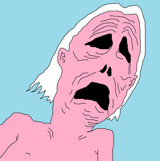A cartoon-style illustration of a pink, bald, crying figure with black eyes and mouth against a light blue background.