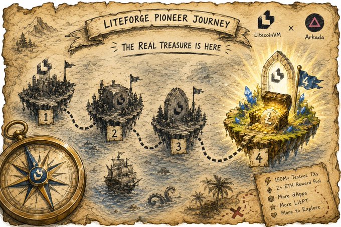 A treasure-map style illustration titled 'LITEFORGE PIONEER JOURNEY - THE REAL TREASURE IS HERE' featuring four floating islands, a compass, a ship, and rewards like '150M+ Testnet TXs' and '2+ ETH Reward Pool', with logos for 'LitecoinVM' and 'Arkadia'.