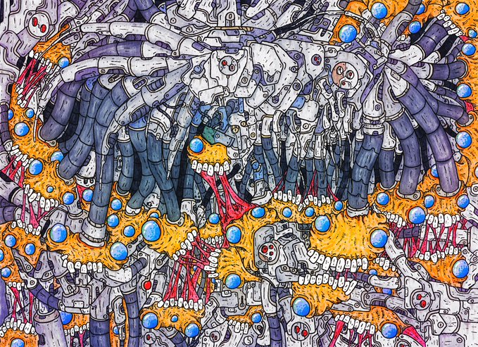 A highly detailed, chaotic illustration depicts interlocking mechanical parts, skeletal structures, and floating blue orbs in a dense, biomechanical pattern.