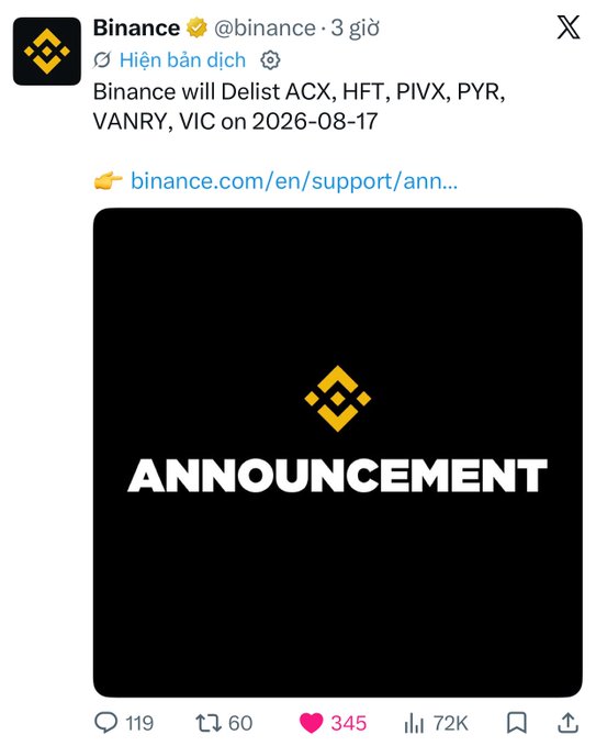 A screenshot of an X (Twitter) post from Binance (@binance) announcing they will delist ACX, HFT, PIVX, PYR, VANRY, and VIC on 2026-08-17, accompanied by a black 'ANNOUNCEMENT' graphic.