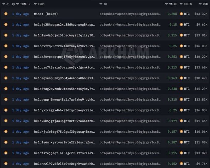 A screenshot of a blockchain transaction ledger showing multiple Bitcoin transfers from addresses beginning with "bc1q" to a single recipient address "bc1qnk4zh9qcnap2mycp56qjrgza3cc8...", all occurring "1 day ago" with values ranging from 0.152 to 0.253 BTC ($9.62K–$16.22K). The image illustrates the alleged massive hack of Coldcard hardware wallets described in the post, displaying numerous suspicious outbound transactions draining funds to one address in a short timeframe.