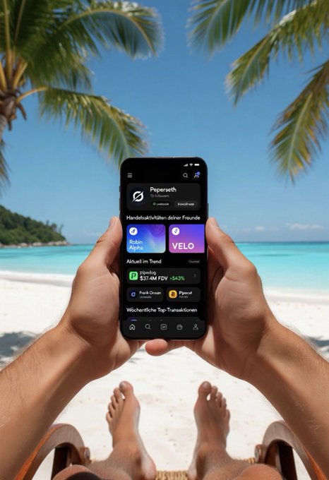 A first-person perspective of someone holding a smartphone on a tropical beach, displaying an app interface with the text 'Peperseth' and 'Aktuell in Trend'.