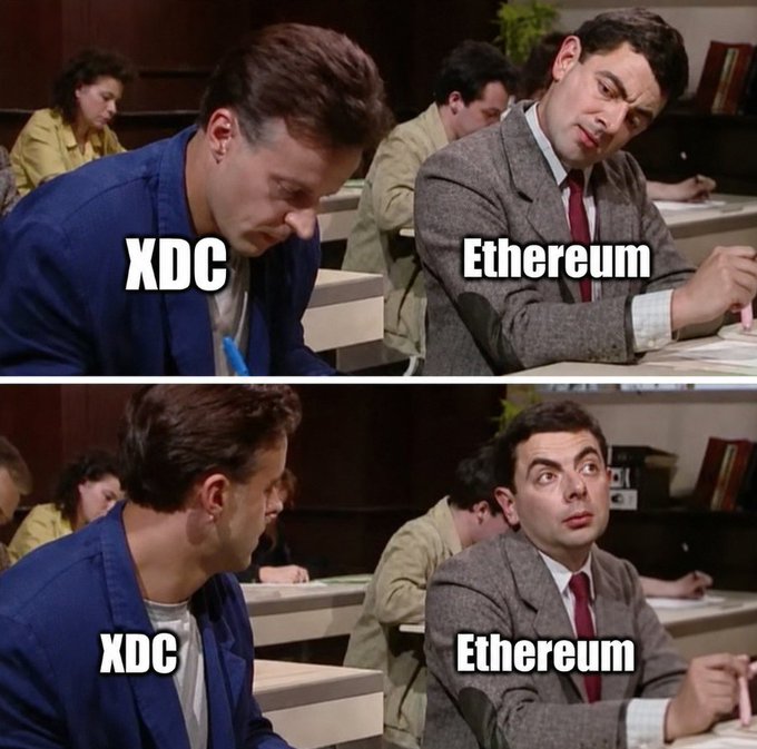 Two-panel meme using the Mr. Bean exam scene with 'XDC' labeled on the left character and 'Ethereum' on the right, depicting XDC copying Ethereum's work.