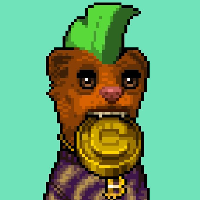 A pixel art illustration of a brown creature with a green leaf on its head, wearing a gold medallion and purple clothing.
