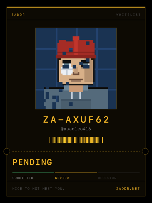 A digital ID card or whitelist badge for 'ZADOR' featuring a pixel art character wearing a red helmet, with the ID 'ZA-AXUF62', username '@asadleo416', and a status showing 'PENDING' in the review stage.