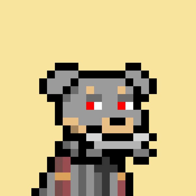 A pixel art character with gray fur, red eyes, and a black and red outfit displayed against a plain tan background.