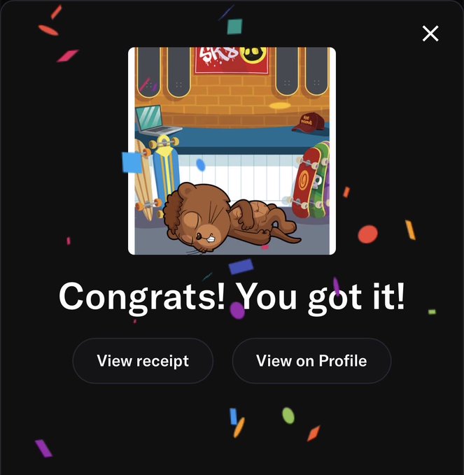 A digital screen showing 'Congrats! You got it!' with confetti effects and an image of a cartoon lion at a skateboard shop, with options to 'View receipt' or 'View on Profile'.