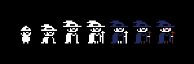 A pixel-art sprite sheet on a black background displaying a seven-frame animation of a small white figure in a wide-brimmed hat that gradually gains a dark blue coat and a staff, transforming from a peasant-like character into what resembles a mage or wizard.