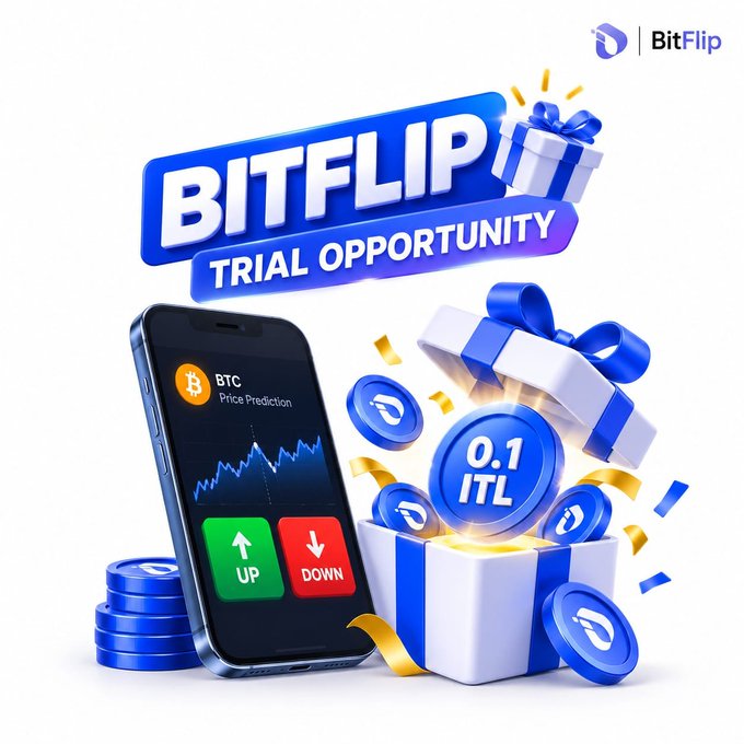 A vibrant promotional graphic for BitFlip's trial opportunity, featuring a smartphone displaying the "BTC Price Prediction" interface with UP/DOWN buttons, alongside gift boxes overflowing with blue $ITL tokens and a prominent "0.1 ITL" coin highlighting the trial reward amount.